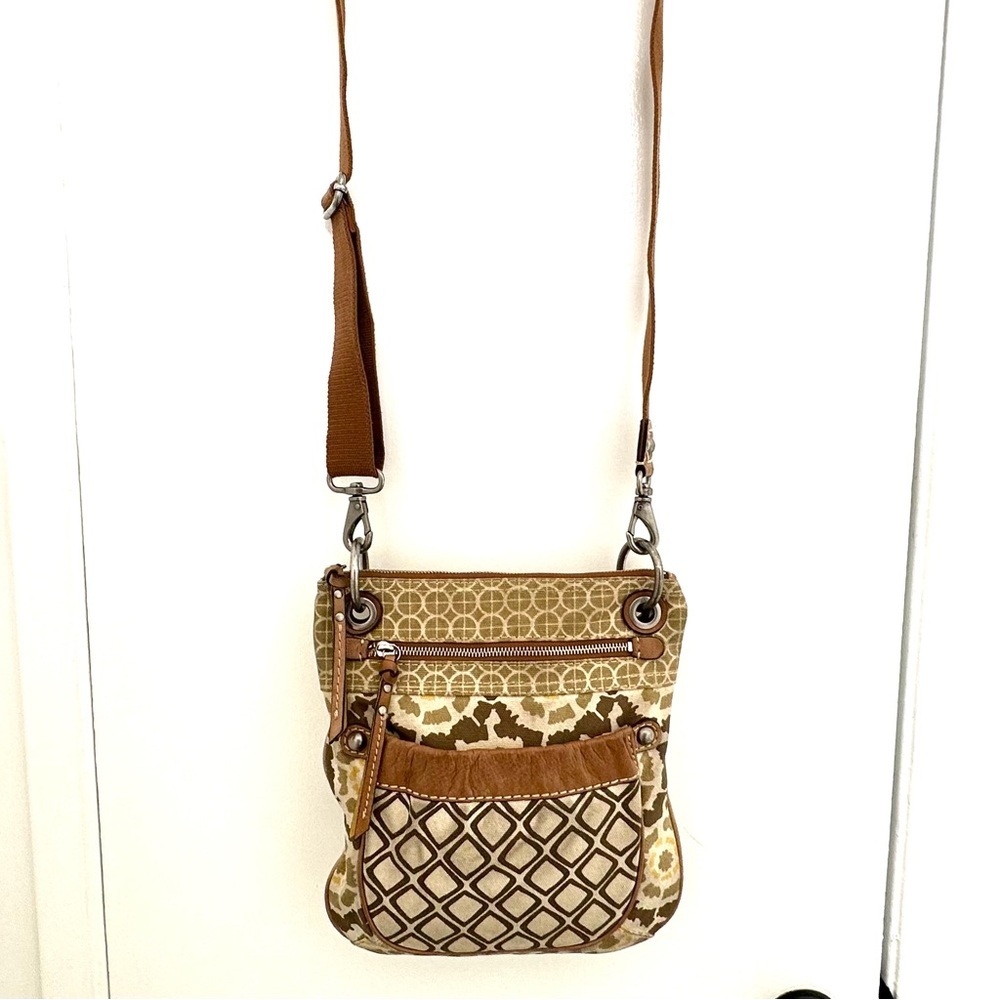 FOSSIL 🌞 Brown, Yellow & Beige Canvas Crossbody Bag - Picture 11 of 13